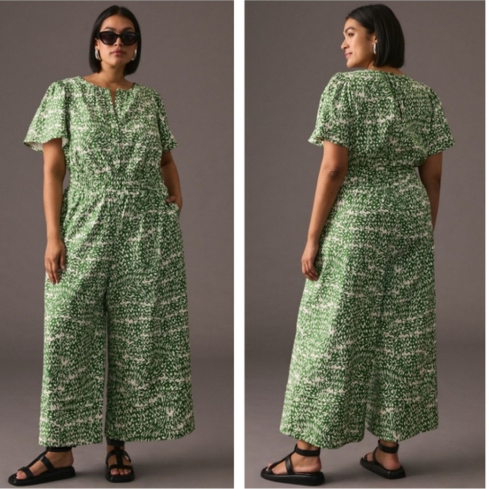 Anthropologie Green and White Jumpsuit linen and viscose blend